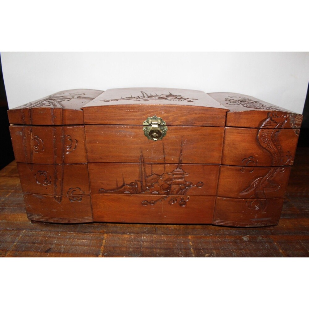Vintage Asian Wood Carved Large Jewelry Box Dragon Red Velvet Lining SEE NOTE